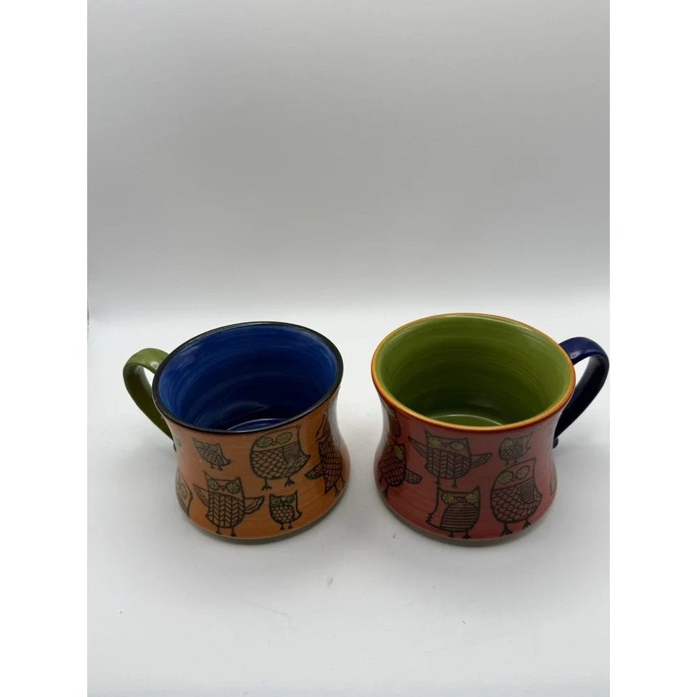 Vtg Pier 1 Imports Ceramic Owl Mug Cup Coffee Tea Stoneware Set Of 2